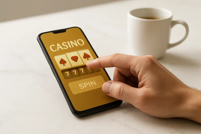 Man's hands tapping mobile casino interface on phone at marble desk