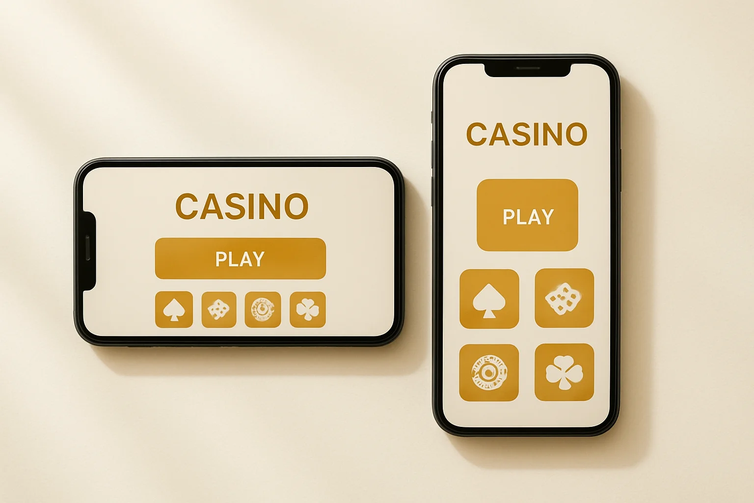 Two smartphones displaying a clean light casino app on white surface