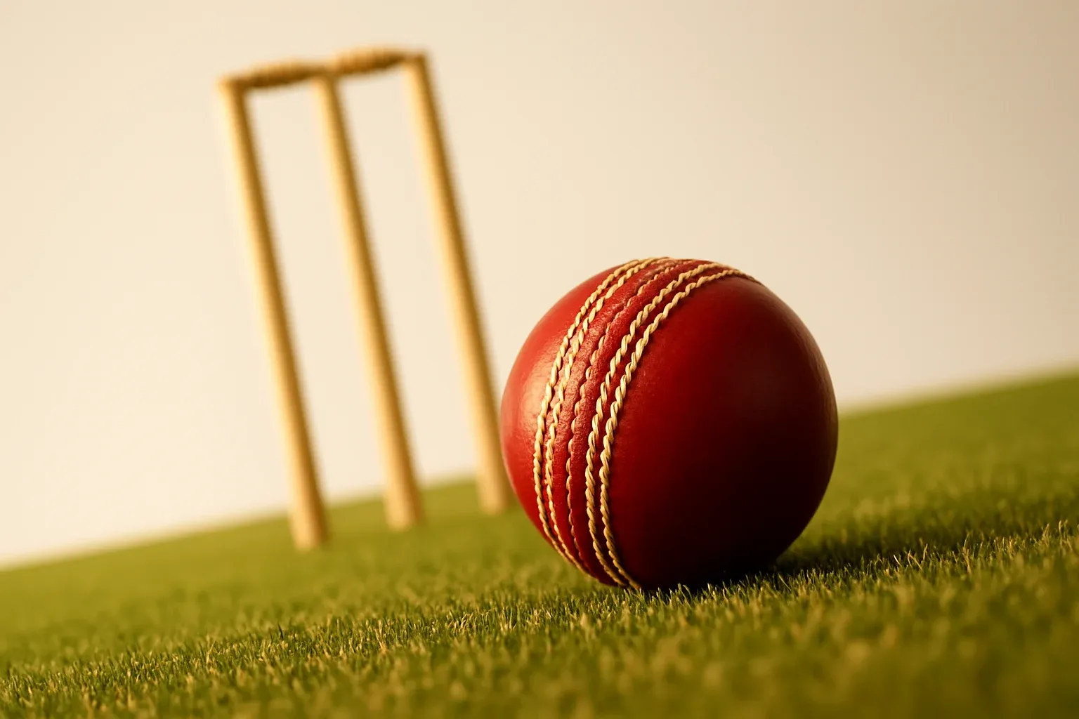 Red cricket ball on mown grass with stumps at dusk