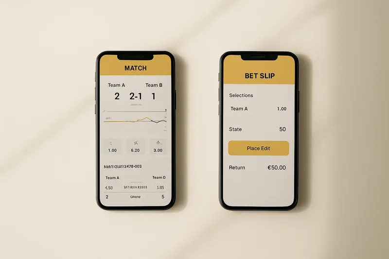 Two smartphones showing match dashboard and bet slip on cream surface