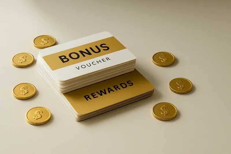 Stack of casino bonus vouchers and reward cards with gold coins