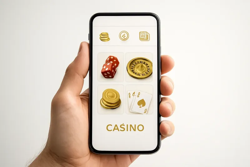 Hand holding smartphone showing clean light-themed casino app interface