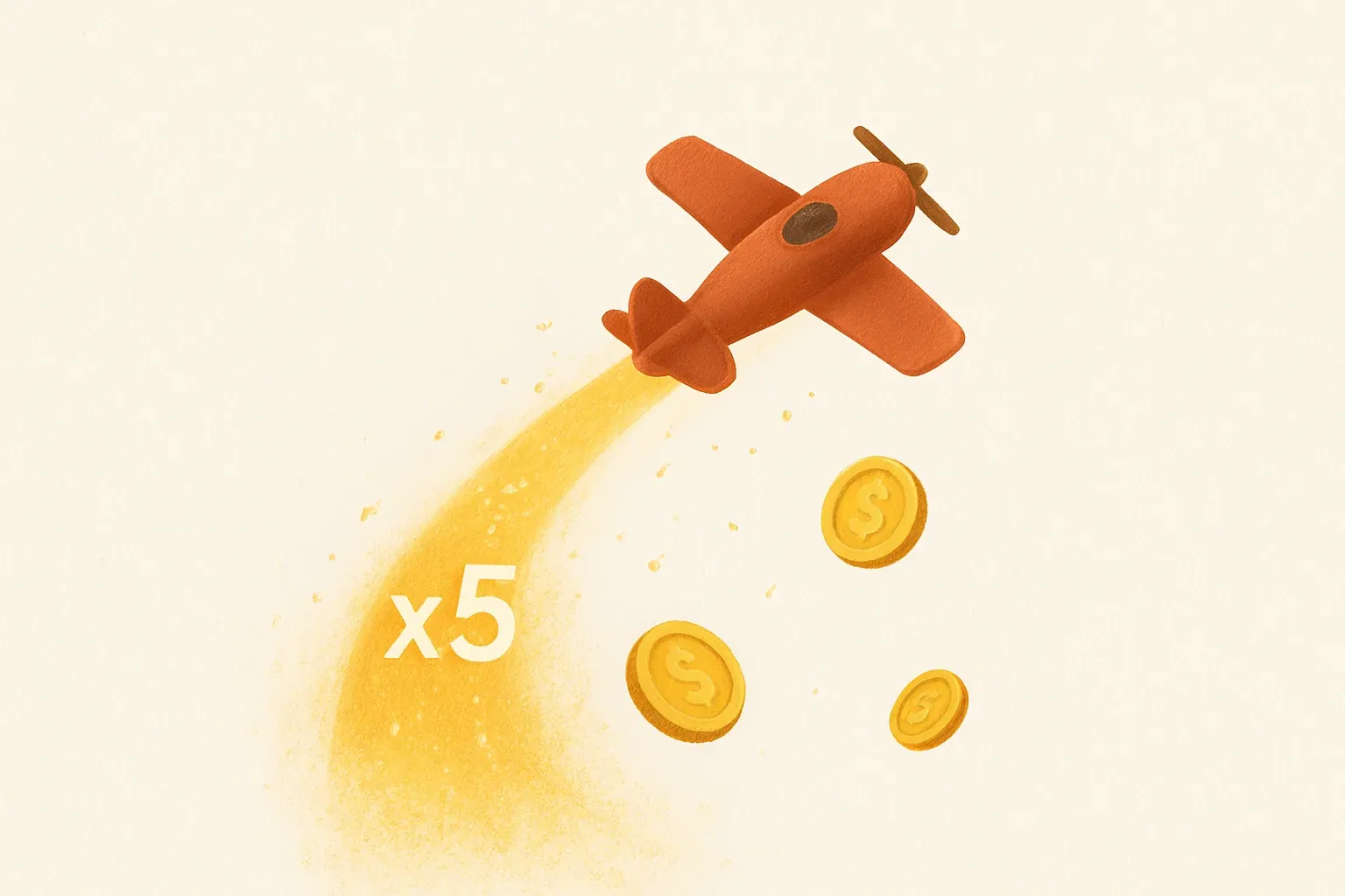 Red airplane climbing with glowing multiplier trail, coins, and sparks