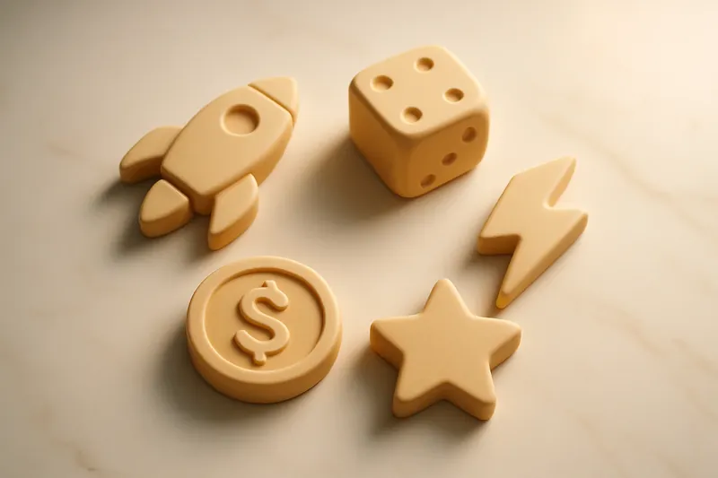 Five 3D instant game symbols on white marble flat lay