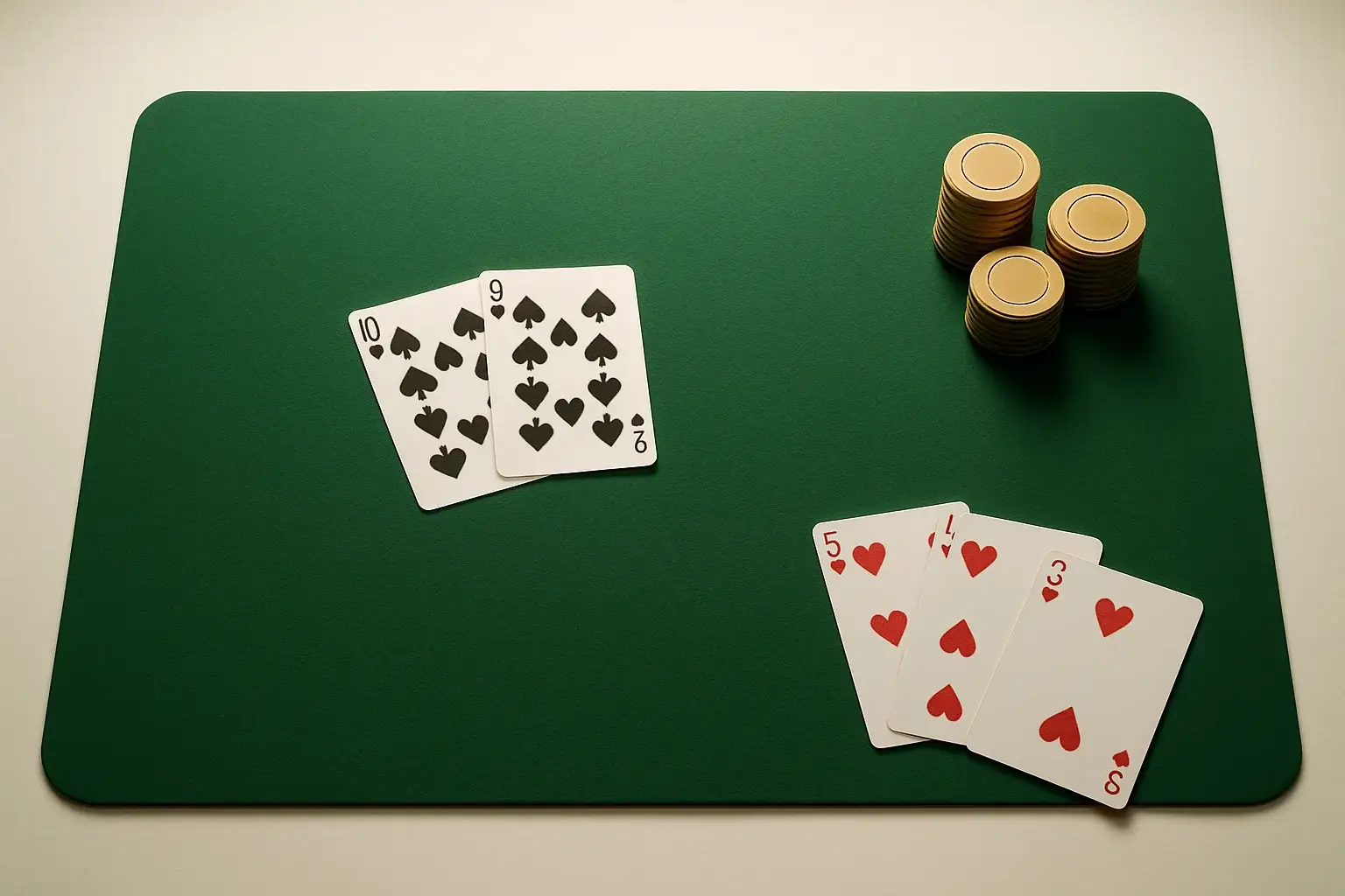 Casino Table Close-Up Green felt casino table with arranged cards and stacked gold chips