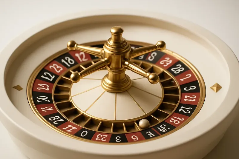 Close-up overhead roulette wheel center with gold accents and warm lighting