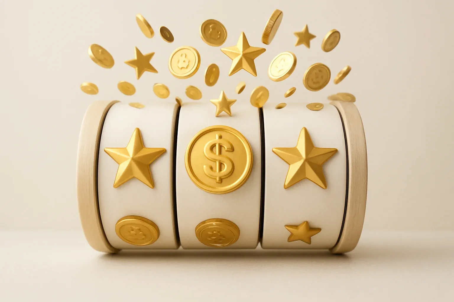 Colorful slot machine reels with gold symbols, coins, and exploding stars